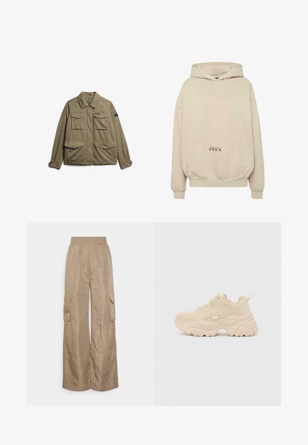 Superdry & Co EMBROIDERED MILITARY - Chaqueta fina - moss khaki; Sudadera con capucha beige con bolsillo frontal, puños acanalados y capucha con cordón. Texto "PECADOR PGDR" impreso en el área del bolsillo.; Even&Odd Tall by Zalando Pantalones cargo - beige; Buffalo GALACTICA - Zapatillas - cream