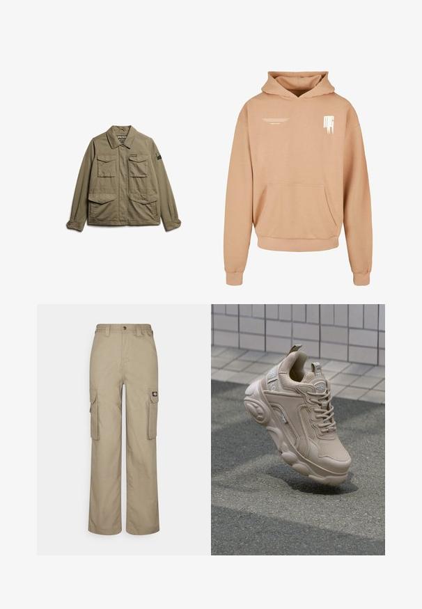 Superdry & Co EMBROIDERED MILITARY - Lichte jas - moss khaki; Hoodie in lichtbeige, gemaakt van zachte stof. Heeft een buidelzak aan de voorkant en minimalistische witte tekst op de borst gedrukt.; Beige cargobroek gemaakt van duurzame stof, met een relaxte pasvorm, meerdere zijzakken en een elastische tailleband met knoopsluiting.; Beige sportieve schoen met een bovenwerk van mesh en synthetisch materiaal, gewatteerde kraag en een stevige zool met textuuraccenten. Merkzichtbaar aan de zijkant.