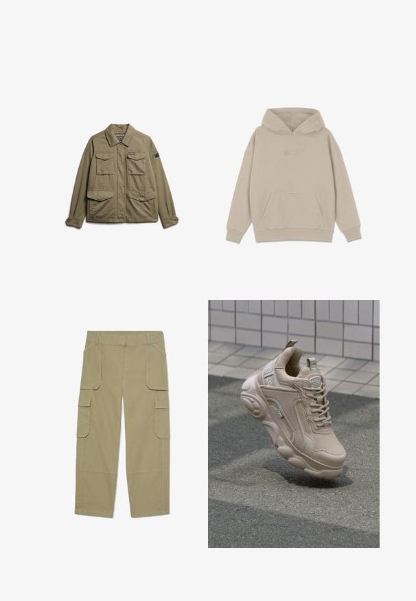 Superdry & Co EMBROIDERED MILITARY - Veste légère - moss khaki; Sweatshirt à capuche beige avec une poche kangourou, doté de poignets et d'un ourlet côtelés, et d'un texte de logo en relief sur la poitrine. Texture de tissu lisse.; Pantalon cargo kaki avec plusieurs poches à rabat à l’avant et sur les côtés, coupe droite et passants de ceinture à la taille.; Baskets de sport beiges avec une tige en mesh et synthétique, un col rembourré et une semelle épaisse avec des accents texturés. Marque visible sur le côté.
