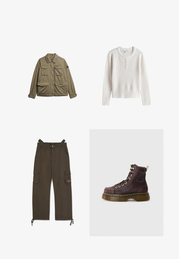 Superdry & Co EMBROIDERED MILITARY - Lichte jas - moss khaki; Crèmekleurige geribde gebreide trui met lange mouwen, een ronde hals en vijf kleine knopen op de voorste knoopsluiting.; Olijfgroene cargo pants gemaakt van lichtgewicht stof, met twee zijzakken, twee cargozakken en verstelbare koorden bij de enkels.; Bruine leren enkelboot met een gestructureerd oppervlak, zilveren ogen en gele stiksels. Voorzien van een stevige doorzichtige zool en een trekband.