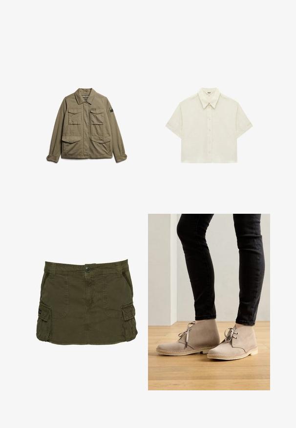 Superdry & Co EMBROIDERED MILITARY - Lichte jas - moss khaki; Kortärmelig, crèmekleurig overhemd met knopen en een spitse kraag, gemaakt van een textuurstof, plat weergegeven op een witte achtergrond.; Kaki groene cargorok van een katoenmix, met zijzakken, zichtbare stiksels en een knoopsluiting in de taille.; Beige suède enklaarsjes met een ronde neus, vetersluiting en contrasterende stiksels, gedragen met zwarte slim-fit broek op een houten vloer.