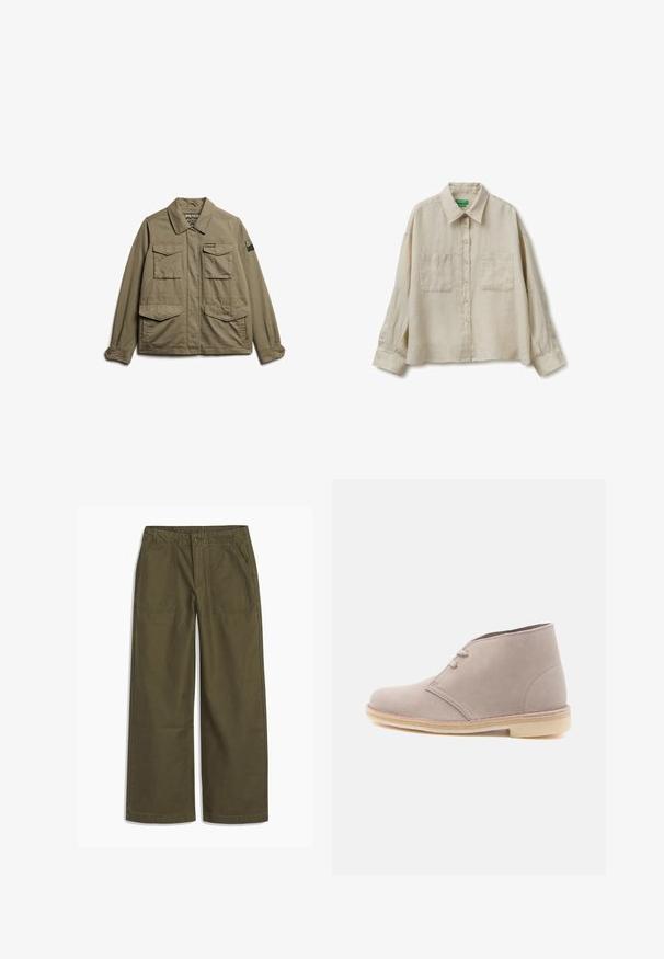 Superdry & Co EMBROIDERED MILITARY - Chaqueta fina - moss khaki; Camisa beige de manga larga con botones, dos bolsillos en el pecho y cuello clásico, hecha de una tela ligera.; Pantalones de pierna ancha de color verde oliva con bolsillos delanteros tipo parche, cierre de botón y trabillas para cinturón, presentados en plano sobre un fondo blanco.; Bota desértica de ante beige claro con dos ojales y suela de crepé, vista lateral sobre fondo blanco liso.