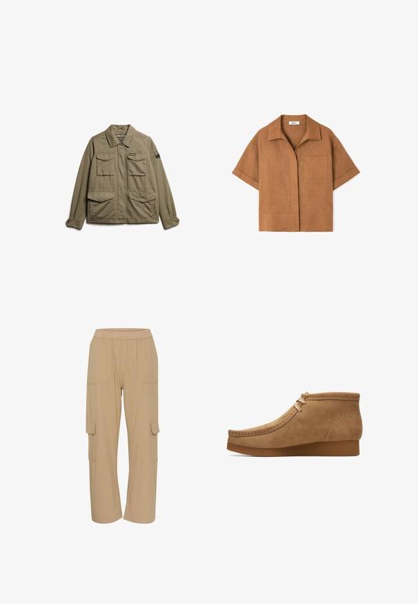 Superdry & Co EMBROIDERED MILITARY - Chaqueta fina - moss khaki; Camisa marrón de lino de manga corta con cuello, bolsillo frontal en el lado izquierdo y tapeta de botones oculta, colocada plana sobre un fondo blanco.; Pantalones cargo beige con una cintura elástica, bolsillos laterales y un corte relajado. Fabricados con un tejido ligero y texturizado.; Zapato de tobillo de ante color beige con punta redondeada, detalles de costura a lo largo de la parte superior y una suela de goma texturizada. Diseño simple de cierre con cordones.