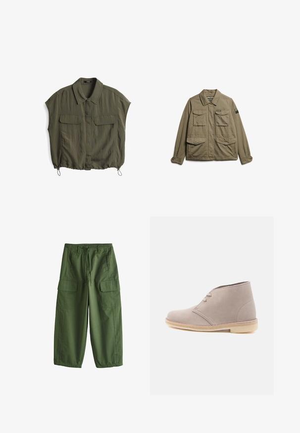 Superdry & Co EMBROIDERED MILITARY - Veste légère - moss khaki; Chemise à manches courtes vert olive avec col, deux poches avant et ourlet réglable à cordon. Fabriquée en tissu léger et froissé.; Pantalon cargo vert olive avec taille à cordon, passants de ceinture, poches latérales à rabat et jambes larges.; Botte desert en daim beige clair avec deux œillets et semelle en crêpe, vue de profil sur un fond blanc uni.