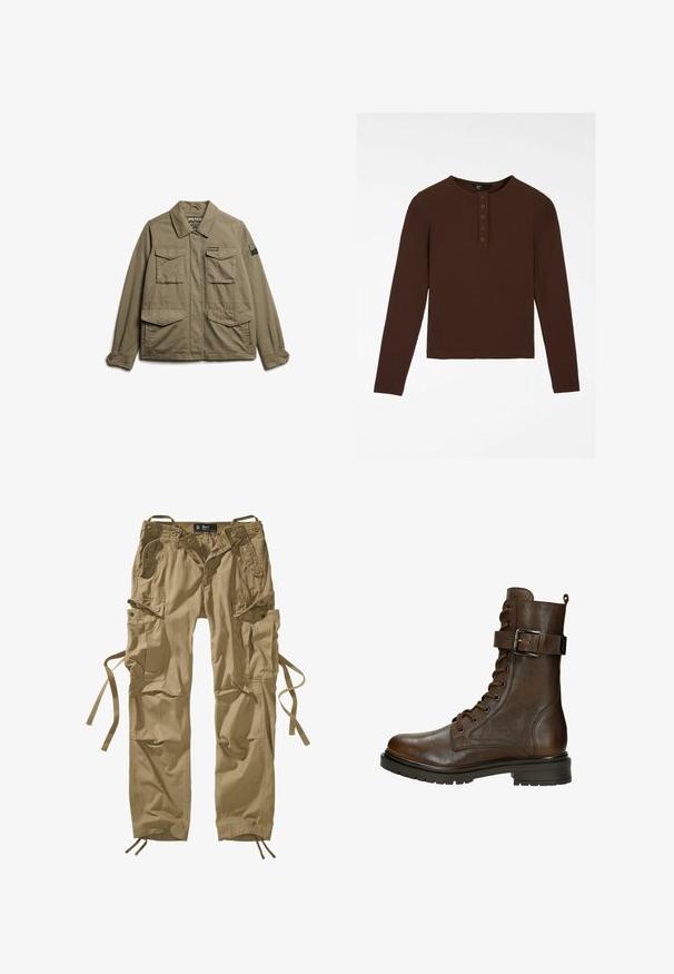 Superdry & Co EMBROIDERED MILITARY - Lichte jas - moss khaki; Bruine lange mouw shirt gemaakt van geribd materiaal, met een ronde hals, een knoopsluiting met vijf knopen, en een rechte zoom.; Kaki cargobroek van katoen met meerdere zijzakken, trekkoorden bij de enkels en knoopaccenten. Strakke lijnen en stevige stof.; Bruine leren veterschoen tot de enkel met een zijgesp, ronde neus, robuuste zool en stiksels voor extra textuur.