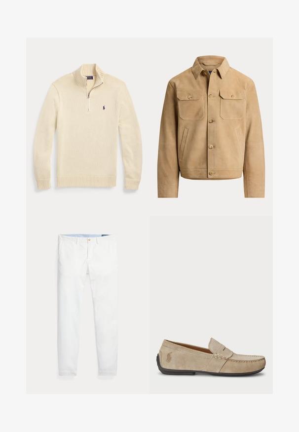 Chaqueta de ante color beige con cierre de botones, dos bolsillos en el pecho con botones y dos bolsillos laterales para las manos, mostrado sobre un fondo liso.; Jersey de punto de manga larga color crema con cremallera frontal hasta la mitad, cuello, puños y dobladillo acanalados, con un pequeño logo Polo oscuro en el pecho.; Pantalones chinos de algodón blanco con un corte ajustado, que cuentan con un cierre de un solo botón dorado y una cinturilla interior azul claro. Textura lisa sin estampados.; Mocasines de ante beige con detalle cosido, suela de goma plana y un pequeño logotipo en el lateral. Diseño clásico de slip-on, textura suave.