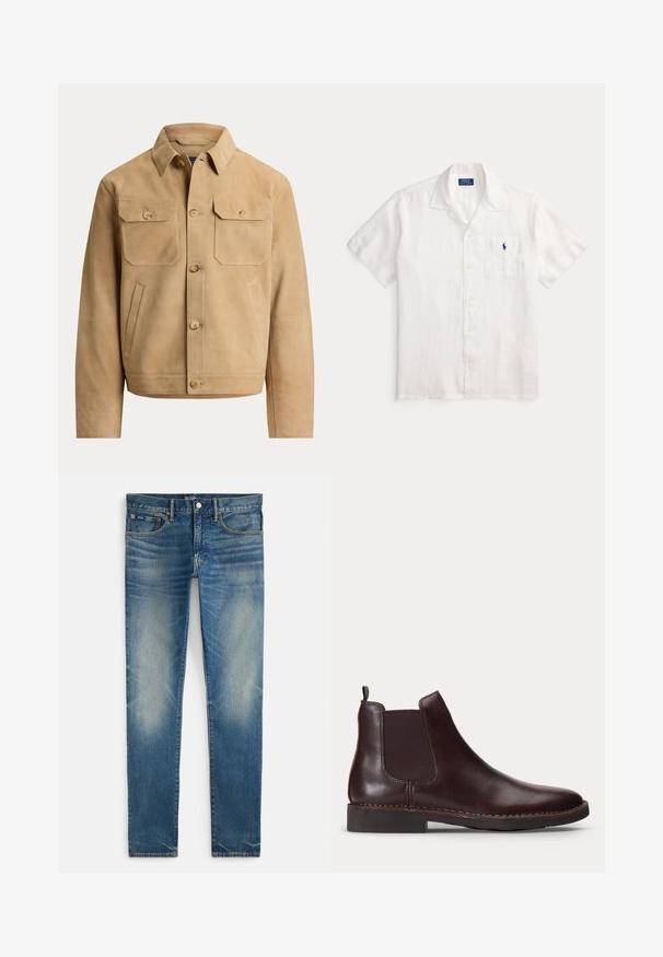 Beige suède jas met knoopsluiting, twee borstzakken met knopen en twee zijvakken voor de handen, weergegeven op een effen achtergrond.; Witte blouse met korte mouwen, knopen, kraag en voorzak met een klein blauw Polo Ralph Lauren-logo.; Blauwe vervaagde slim-fit jeans met knoop- en ritssluiting, voorzakken en klein muntzakje, plat gelegd op een witte achtergrond.; Donkerbruine leren Chelsea-boot met elastisch zijpaneel en lage hak, weergegeven in profiel op een witte achtergrond.