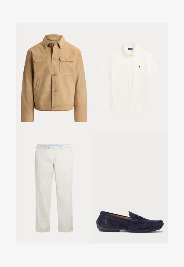 Tan ruskindjakke med knaplukning, to knaplukkede brystlommer og to sidelommer til hænder, vist på en ensfarvet baggrund.; Hvid kortærmet skjorte med knapper, krave og lille navyblåt Polo Ralph Lauren-logo på venstre bryst.; Kremfarvede bukser med lige ben, bæltestropper og skjult inderstik foran på en ensfarvet baggrund.; Marineblå ruskinds moccasinsko med en syet design, en rund tå og gennemsnitlig gummisål. Har et diskret logo på siden.