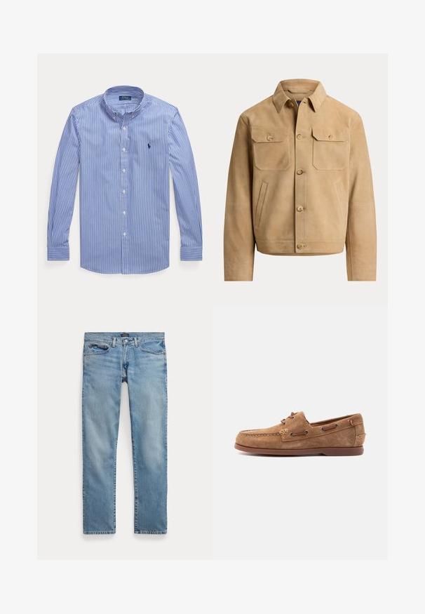 Beige suède jas met knoopsluiting, twee borstzakken met knopen en twee zijvakken voor de handen, weergegeven op een effen achtergrond.; Blauw-wit verticale gestreepte blouse met lange mouwen, knopen en een button-down kraag, met Polo Ralph Lauren-logo op de borst.; Lichtblauwe recht gesneden spijkerbroek met voorzakken en knoopsluiting, plat gelegd op een witte achtergrond.; Bruine suède mocassin met leren veters, gestikte neus en platte rubberen zool, zijaanzicht op een lichte achtergrond.