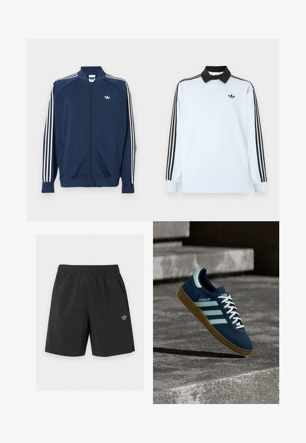 Veste de survêtement zippée bleu marine en polyester, avec des accents à trois bandes blanches sur les manches et un petit logo blanc sur la poitrine.; Polo à manches longues bleu clair avec un col noir, trois bandes noires sur les manches, et un petit logo noir sur la poitrine.; Short de sport noir à taille élastique avec poches latérales et petit logo Adidas sur la jambe gauche.; Baskets Adidas Spezial bleues avec des rayures et des lacets blancs, semelle en gomme, flottant au-dessus d'une surface en béton rugueuse et des marches en arrière-plan.