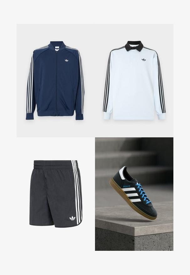 Veste de survêtement zippée bleu marine en polyester, avec des accents à trois bandes blanches sur les manches et un petit logo blanc sur la poitrine.; Polo à manches longues bleu clair avec un col noir, trois bandes noires sur les manches, et un petit logo noir sur la poitrine.; Shorts de sport noirs en tissu texturé, avec trois bandes blanches sur les côtés et un petit logo blanc près de l'ourlet.; Baskets Adidas noires avec des rayures blanches, des lacets bleus et une semelle en gomme flottant au-dessus d'une marche en béton grise sous une lumière douce.