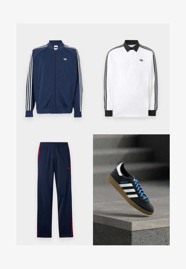Μπλε ναυτικό μπουφάν με φερμουάρ από πολυεστέρα, με λευκές τρίχρωμες ρίγες στα μανίκια και μικρό λευκό λογότυπο στο στήθος.; Λευκή πόλο μπλούζα με μακρύ μανίκι, μαύρο γιακά, μαύρα μανσέτα, μαύρο σχέδιο με τρεις ρίγες στα μανίκια και μαύρο λογότυπο Adidas στο στήθος.; Αθλητικό παντελόνι σε ναυτικό μπλε με κόκκινες ρίγες στο πλάι, ελαστική μέση, τσέπες με φερμουάρ και κόκκινο λογότυπο Adidas trefoil στο αριστερό μηρό.; Μαύρο αθλητικό παπούτσι Adidas με λευκές ρίγες, μπλε κορδόνια και καουτσούκ σόλα να αιωρείται πάνω από γκρίζο τσιμεντένιο σκαλοπάτι σε απαλό φως.