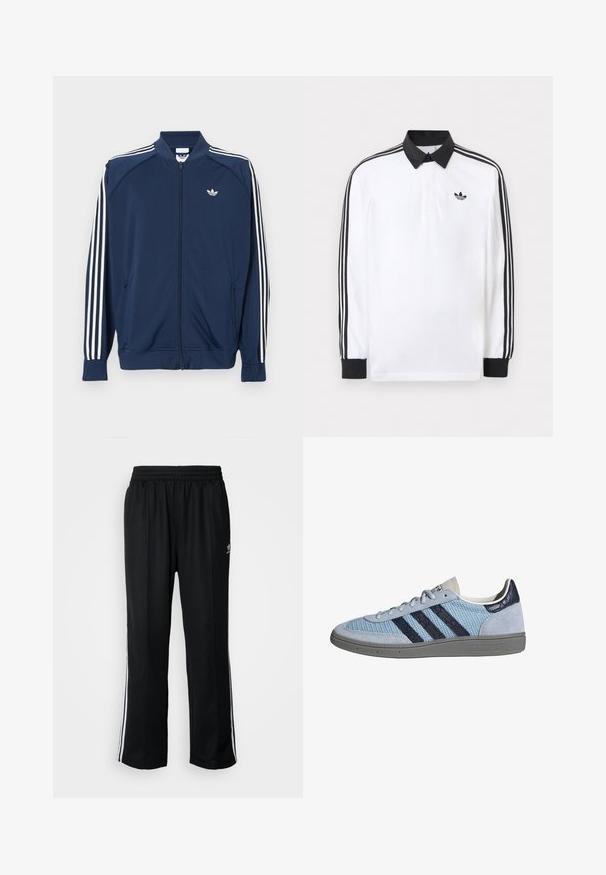 Marineblå lynlåstrøje i polyester med hvide tre-stribe accenter på ærmerne og et lille hvidt logo på brystet.; Hvid langærmet polo med sort krave, sorte manchetter, sort tre-stribet design på ærmerne og sort Adidas-logo på brystet.; Sorte træningsbukser med elastisk talje, der har hvide sidestænger og et lille logo. Materialet ser blødt og let ud.; Lyseblå Adidas sneaker med mørkeblå striber, ruskind på tå og hæl, tekstureret sål og snørelukning, sidevisning på hvid baggrund.