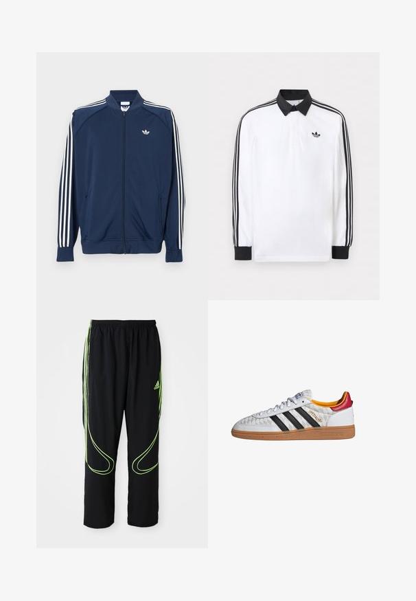 Donkerblauw trainingsjack met ritssluiting van polyester, met witte drie-strepen accenten op de mouwen en een klein wit logo op de borst.; Witte lange mouwen polo met zwarte kraag, zwarte manchetten, zwart drie-strepen ontwerp op de mouwen en zwart Adidas-logo op de borst.; Zwarte Adidas sportbroek met neon groene gebogen lijnen en drie strepen aan de zijkanten, elastische tailleband en het Adidas-logo op de voorkant van de bovenbenen.; Witte Adidas Spezial sneaker met zwarte strepen, gumzool, doorgestikt patroon, rood hielstuk en gele voering, zijaanzicht.