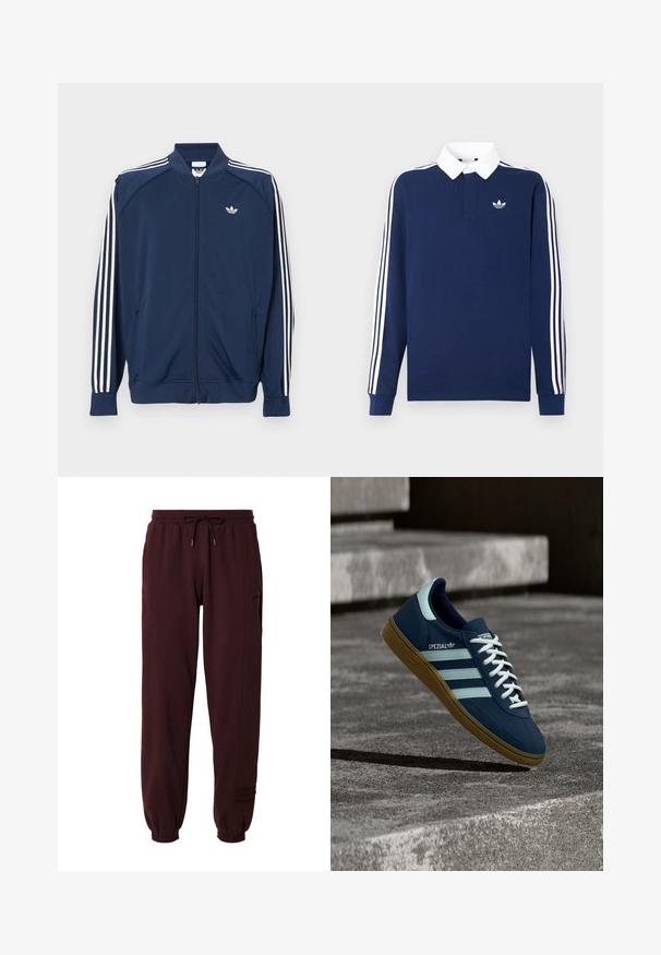 Merevärv sinine polüestrist lukuga spordijakk, millel on varrukatel valged kolm triipu ja rinnal väike valge logo.; Tumesinine pikemate varrukatega polosärk, puuvillane kangas, valge krae, varrukatel kolm klassikalist valget triipu ning väikese logoga rinnal.; Bordeaux värvi pehmed treeningpüksid, millel on elastne vöökoht ja pael, punutud pahkluud ning diskreetne külgpaneeli detail. ; Sinine Adidas Spezial tennisk, valgete triipude ja paeltega, kummist tallaga, hõljub kareda betoonpinna ja sammude kohal taustal.