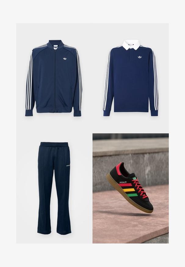 Chaqueta deportiva azul marino con cremallera, fabricada en poliéster, que presenta detalles de tres rayas blancas en las mangas y un pequeño logo blanco en el pecho.; Polo de manga larga azul marino, tejido de algodón, cuello blanco, presenta tres franjas blancas clásicas a lo largo de las mangas, con un pequeño logo en el pecho.; Pantalones de chándal azul marino con cinturilla elástica, piernas rectas y costuras laterales sutiles. Presenta un pequeño logo blanco en la cadera izquierda.; Zapatilla Adidas Spezial negra con rayas rojas, amarillas y verdes, cordones rojos, suela de goma y detalle rojo en el talón, mostrada flotando sobre el pavimento.