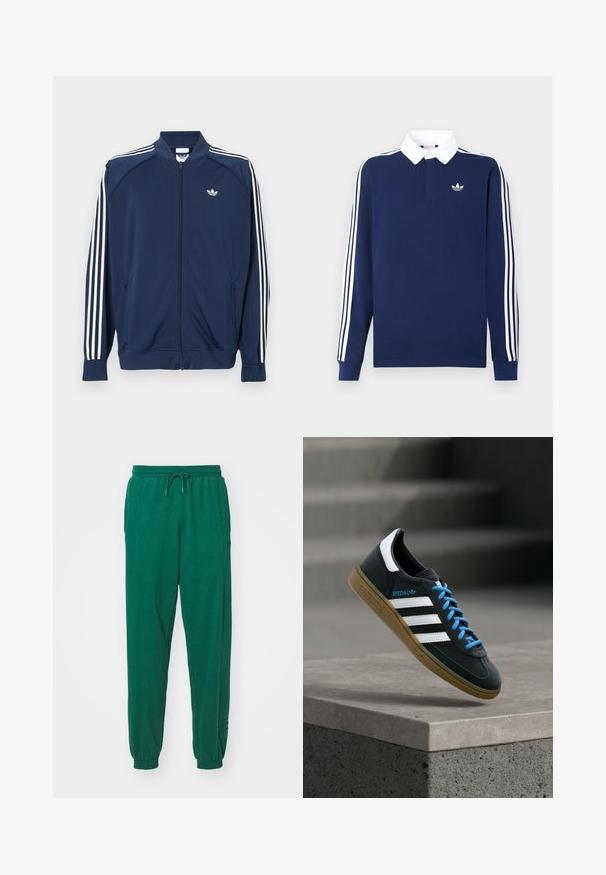 Chaqueta deportiva azul marino con cremallera, fabricada en poliéster, que presenta detalles de tres rayas blancas en las mangas y un pequeño logo blanco en el pecho.; Polo de manga larga azul marino, tejido de algodón, cuello blanco, presenta tres franjas blancas clásicas a lo largo de las mangas, con un pequeño logo en el pecho.; Joggers de algodón verdes con cintura ajustable, puños elásticos y bolsillos laterales. La tela parece suave con una textura lisa.; Zapatilla negra Adidas con franjas blancas, cordones azules y suela de goma flotando sobre un escalón de hormigón gris con luz suave.