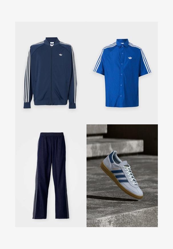 Chaqueta deportiva azul marino con cremallera, fabricada en poliéster, que presenta detalles de tres rayas blancas en las mangas y un pequeño logo blanco en el pecho.; Camisa azul de manga corta con botones, con el logo blanco de Adidas en el pecho y tres franjas blancas que recorren los hombros y las mangas.; Pantalones deportivos azul marino con cintura elástica, que presentan tres franjas laterales blancas y un diseño de pierna recta. Textura de mezclilla suave.; Zapatilla Adidas Spezial azul claro con rayas azul marino y suela de goma, mostrada en el aire sobre escalones de hormigón en un entorno exterior neutral.