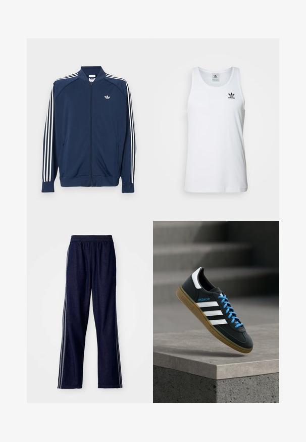 Donkerblauw trainingsjack met ritssluiting van polyester, met witte drie-strepen accenten op de mouwen en een klein wit logo op de borst.; Witte geribde tanktop met ronde hals, zwarte Adidas-logo op de linkerborst en zonder mouwen. Zachte katoenen stof, casual pasvorm.; Marineblauwe sportbroek met een elastische tailleband, voorzien van drie witte zijstrepen en een recht-aansluitend ontwerp. Zachte denim structuur.; Zwarte Adidas-sneaker met witte strepen, blauwe veters en een gumzool die boven een grijze betonnen trede zweeft in zacht licht.