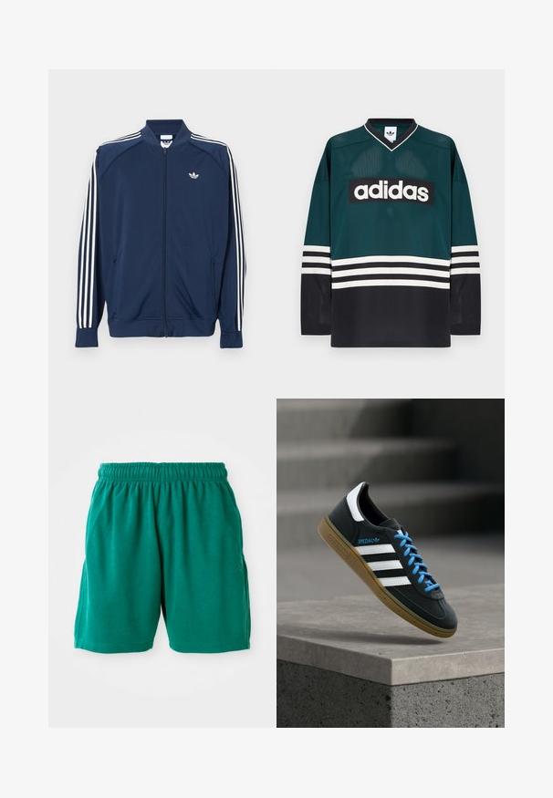 Marineblå lynlåstrøje i polyester med hvide tre-stribe accenter på ærmerne og et lille hvidt logo på brystet.; Grøn og sort Adidas-trøje med V-udskæring, lange ærmer, meshtekstur og en markant hvid logo på brystet med stribede detaljer.; Grønne bomuldsbukser med elastisk talje, sidelommer og sømmet kant. Glat tekstur med en afslappet, casual pasform.; Sort Adidas sneaker med hvide striber, blå snørebånd og gummisål, der svæver over gråt betontrin i blødt lys.