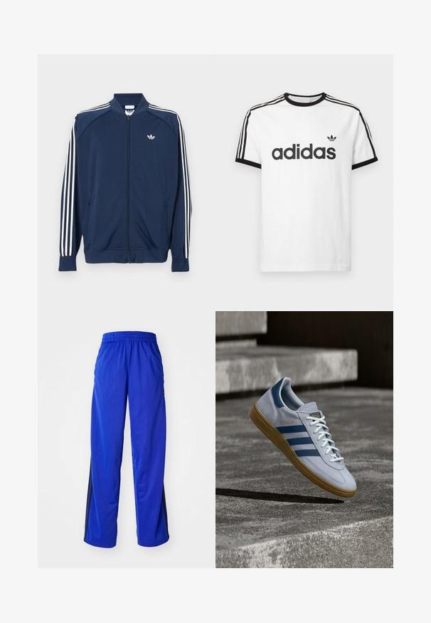 Marineblå lynlåstrøje i polyester med hvide tre-stribe accenter på ærmerne og et lille hvidt logo på brystet.; Hvid bomulds t-shirt med sort rund hals og ærmer. Har sort tre-stripes design på skuldrene og stort sort "adidas" logo på fronten.; Blå sportsbukser med elastisk talje, med sidelister i sort, løstsiddende pasform og glat tekstur.; Lyseblå Adidas Spezial sneakers med marineblå striber og gummisål, vist i luften over betontrapper i et neutralt udendørsmiljø.