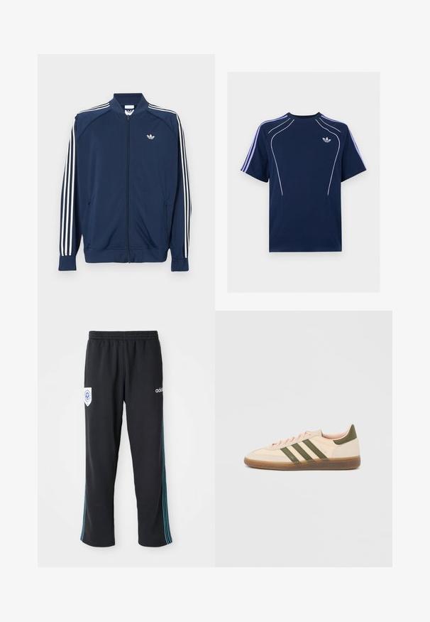Námornícka modrá športová bunda na zips z polyesteru, s bielymi tromi pruhmi na rukávoch a malým bielym logom na hrudi.; Tmavomodré tričko s krátkym rukávom so svetlofialovými pruhmi na rukávoch, bielym zakriveným lemom vpredu a malým bielym logom Adidas na ľavej strane hrudníka.; Čierne polyesterové športové nohavice s elastickým pásom, s modro pruhovaným detailom po boku a logom na ľavom prednom boku.; Nízky béžový tenisky Adidas Spezial so zelenými pruhmi, gumovou podrážkou a nápisom „SPEZIAL“ na boku, zobrazené z vonkajšej strany.