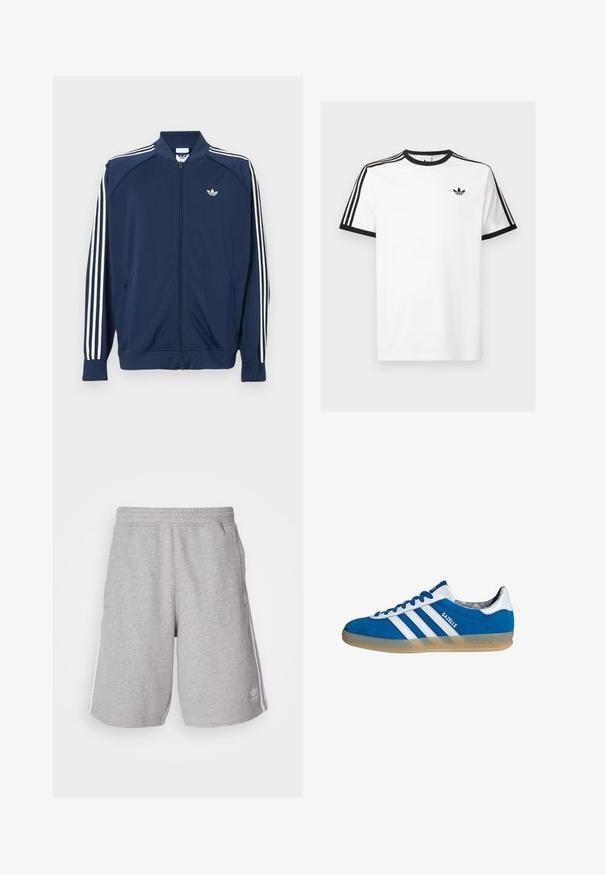 Marineblå lynlåstrøje i polyester med hvide tre-stribe accenter på ærmerne og et lille hvidt logo på brystet.; Hvid bomulds t-shirt med sort ribkant ved hals og ærmer, med tre sorte striber på hver skulder og et lille logo på brystet.; Grå sportshorts lavet af en blanding af bomuldsstof. Har sidelommer, elastisk talje og hvide sidestriber. Klassisk design.; Blå og hvide Adidas Gazelle sneaker med gummisål og tre hvide striber, set fra siden på en hvid baggrund.