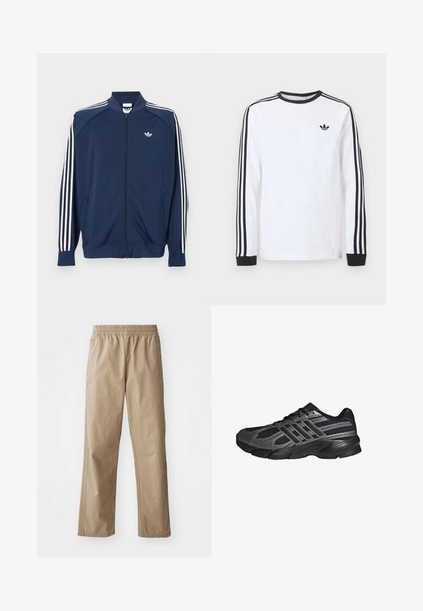 Námornícka modrá športová bunda na zips z polyesteru, s bielymi tromi pruhmi na rukávoch a malým bielym logom na hrudi.; Biele tričko Adidas s dlhým rukávom, čiernym okrúhlym výstrihom, čiernymi manžetami, tromi čiernymi pruhmi na rukávoch a čiernym logom trefoil na hrudi.; Béžové ľahké nohavice s elastickým pásom, rovnými nohavicami a bočnými vreckami. Hladká textúra s jemnými švami.; Čierne športové topánky vyrobené z pletiva a syntetických materiálov, s textúrovaným povrchom, viacerými šedými pruhmi a polstrovaným golierom.