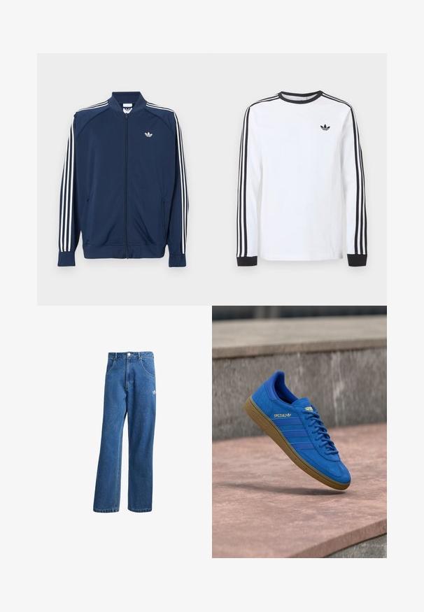 Marineblaue Trainingsjacke aus Polyester mit Reißverschluss, mit weißen Drei-Streifen-Akzenten an den Ärmeln und einem kleinen weißen Logo auf der Brust.; Weißes Adidas-Langarmshirt mit schwarzem Rundhalsausschnitt, schwarzen Bündchen, drei schwarzen Streifen an den Ärmeln und schwarzem Trefoil-Logo auf der Brust.; Blaue hohe, weite Jeans mit Fronttaschen, Gürtelschlaufen, Knopfverschluss und kleinem Adidas-Logo am rechten Oberschenkel.; Blauer Adidas Spezial Sneaker mit Gummisohle, Schnürsenkel gebunden, schwebend über einer glatten Steinoberfläche nahe einer grauen Betonwand.