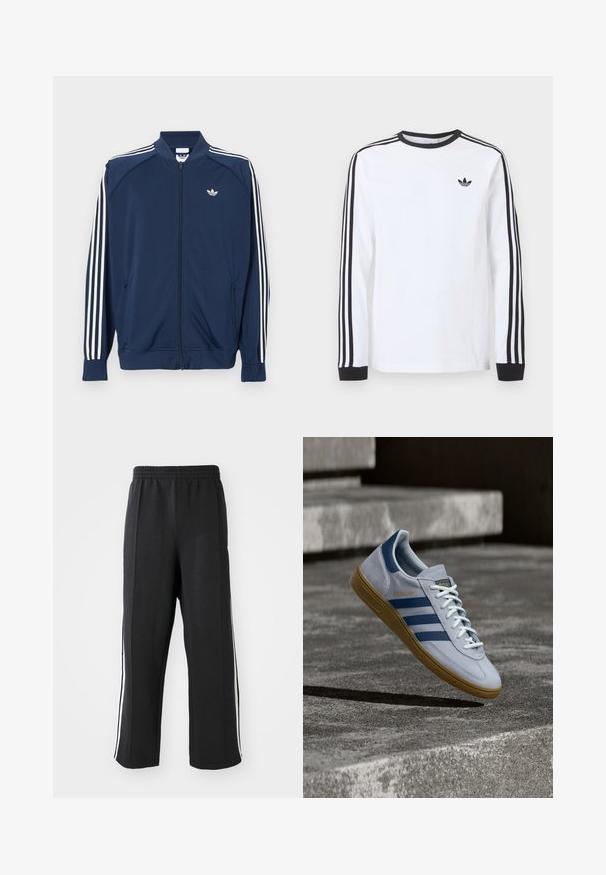 Donkerblauw trainingsjack met ritssluiting van polyester, met witte drie-strepen accenten op de mouwen en een klein wit logo op de borst.; Wit Adidas shirt met lange mouwen, zwarte ronde hals, zwarte boordjes, drie zwarte strepen langs de mouwen en een zwart trefoil-logo op de borst.; Zwarte trainingsbroek met een elastische tailleband, voorzien van witte zijstrepen en een relaxte pasvorm. Gemaakt van zachte, rekbare stof.; Lichtblauwe Adidas Spezial sneaker met marineblauwe strepen en rubberen zool, getoond in de lucht boven betonnen trappen in een neutrale buitenomgeving.