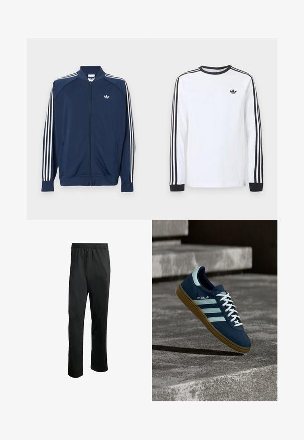 Marineblå lynlåstrøje i polyester med hvide tre-stribe accenter på ærmerne og et lille hvidt logo på brystet.; Hvid langærmet Adidas-trøje med sort rund hals, sorte manchetter, tre sorte striber ned langs ærmerne og sort trekløverlogo på brystet.; Sorte træningsbukser med en komfortabel elastisk livline, to sidelommer og et glat, let stof. Har diskrete logo detaljer.; Blå Adidas Spezial sneaker med hvide striber og snørebånd, gummisål, svævende over en ru betongoverflade og trin i baggrunden.