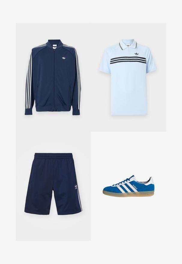 Marineblå lynlåstrøje i polyester med hvide tre-stribe accenter på ærmerne og et lille hvidt logo på brystet.; Lyseblå polo lavet af tekstureret stof med sorte accentstriber og en sort logo på brystet. Har en krave.; Marineblå atletikshorts lavet af et let materiale, med en elastisk talje og tre hvide striber på siderne. Adidas-logoet er vist.; Blå og hvide Adidas Gazelle sneaker med gummisål og tre hvide striber, set fra siden på en hvid baggrund.