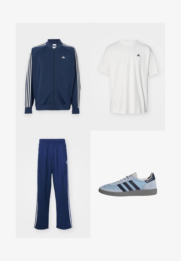 Marineblå lynlåstrøje i polyester med hvide tre-stribe accenter på ærmerne og et lille hvidt logo på brystet.; Hvid bomulds t-shirt med korte ærmer, rund hals og et lille sort Adidas-logo på venstre bryst. Blød tekstur, afslappet pasform.; Marineblå sportbukser med en afslappet pasform, udstyret med hvide sidestativer og elastisk talje. Glat stof, ingen synlige mønstre eller hardware.; Lyseblå Adidas sneaker med mørkeblå striber, ruskind på tå og hæl, tekstureret sål og snørelukning, sidevisning på hvid baggrund.