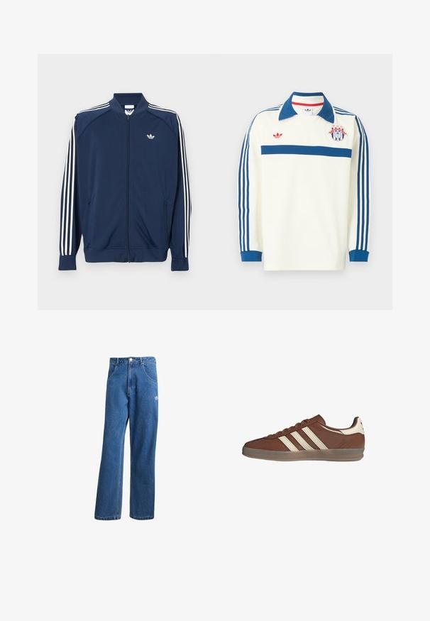 Donkerblauw trainingsjack met ritssluiting van polyester, met witte drie-strepen accenten op de mouwen en een klein wit logo op de borst.; Witte sporttrui met lange mouwen, blauwe kraag, blauwe strepen op de mouwen, blauwe borststreep, rood logo en een schildembleem met sterren op de borst.; Blauwe hoge taille wijde spijkerbroek met voorzakken, riemlussen, knoopsluiting en klein Adidas-logo op de rechterdij.; Lage bruine leren sneaker met witte strepen en hielstuk, doorschijnende zool en vetersluiting op een witte achtergrond.