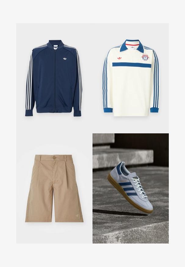 Veste de survêtement zippée bleu marine en polyester, avec des accents à trois bandes blanches sur les manches et un petit logo blanc sur la poitrine.; Maillot de sport blanc à manches longues avec col bleu, rayures bleues sur les manches, bande bleue sur la poitrine, logo rouge et emblème en forme de bouclier avec des étoiles sur la poitrine.; Shorts en coton beige avec une coupe droite, des plis à l'avant et une fermeture à un seul bouton. Présente un logo discret sur le côté inférieur gauche.; Baskets Adidas Spezial bleu clair avec des rayures bleu marine et une semelle en gomme, montrées en l'air au-dessus d'escaliers en béton dans un environnement extérieur neutre.