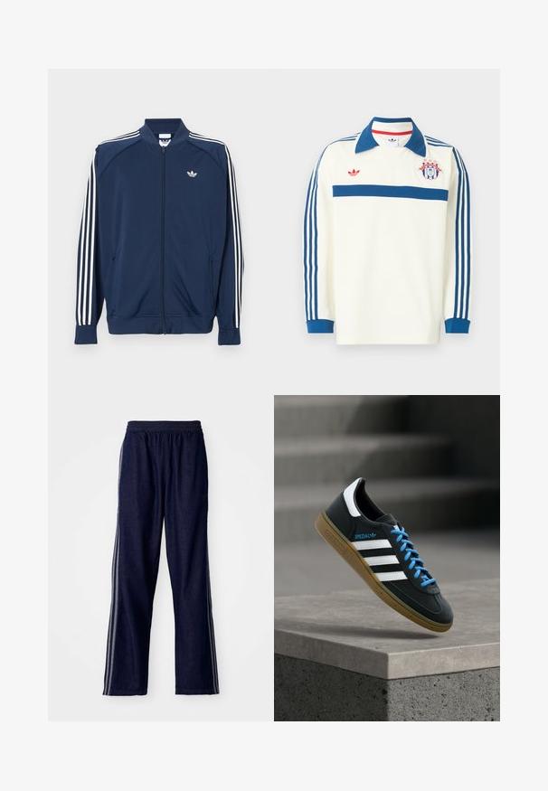 Donkerblauw trainingsjack met ritssluiting van polyester, met witte drie-strepen accenten op de mouwen en een klein wit logo op de borst.; Witte sporttrui met lange mouwen, blauwe kraag, blauwe strepen op de mouwen, blauwe borststreep, rood logo en een schildembleem met sterren op de borst.; Marineblauwe sportbroek met een elastische tailleband, voorzien van drie witte zijstrepen en een recht-aansluitend ontwerp. Zachte denim structuur.; Zwarte Adidas-sneaker met witte strepen, blauwe veters en een gumzool die boven een grijze betonnen trede zweeft in zacht licht.