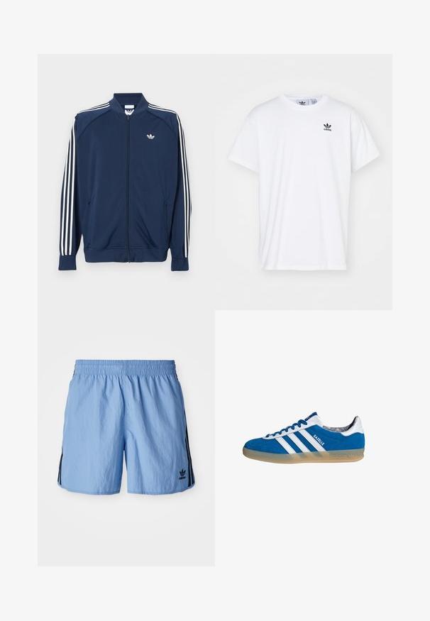 Chaqueta deportiva azul marino con cremallera, fabricada en poliéster, que presenta detalles de tres rayas blancas en las mangas y un pequeño logo blanco en el pecho.; Camiseta blanca de algodón con mangas cortas, escote redondo y un logo negro de Adidas con tres franjas en la zona del lado izquierdo del pecho.; Pantalones cortos deportivos azul claro con una cinturilla elástica, con franjas laterales negras y un logotipo negro bordado en la parte inferior derecha.; Zapatilla Adidas Gazelle azul y blanca con suela de goma y tres franjas blancas, vista desde un lado sobre un fondo blanco.