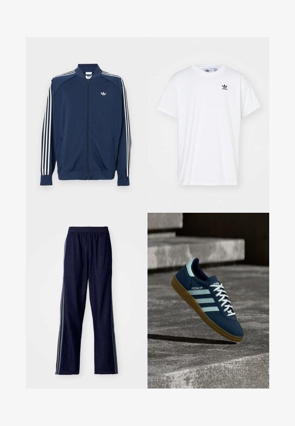 Chaqueta deportiva azul marino con cremallera, fabricada en poliéster, que presenta detalles de tres rayas blancas en las mangas y un pequeño logo blanco en el pecho.; Camiseta blanca de algodón con mangas cortas, escote redondo y un logo negro de Adidas con tres franjas en la zona del lado izquierdo del pecho.; Pantalones deportivos azul marino con cintura elástica, que presentan tres franjas laterales blancas y un diseño de pierna recta. Textura de mezclilla suave.; Zapatilla azul Adidas Spezial con rayas y cordones blancos, suela de goma, flotando sobre una superficie de hormigón rugosa y escaleras de fondo.