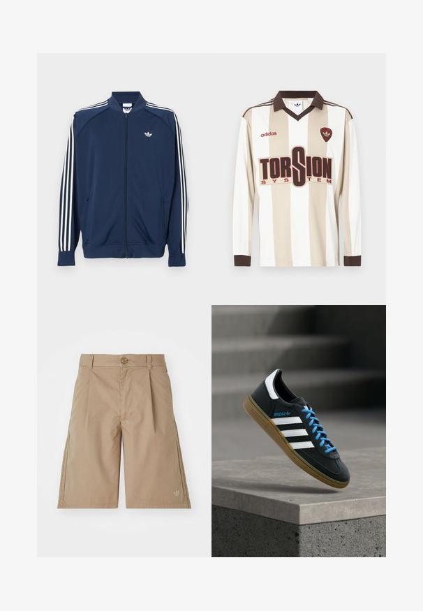 Marineblaue Trainingsjacke aus Polyester mit Reißverschluss, mit weißen Drei-Streifen-Akzenten an den Ärmeln und einem kleinen weißen Logo auf der Brust.; Langärmliges Fußballtrikot in Beige mit weißen Streifen; verfügt über einen braunen Kragen und Bündchen, ein großes rotes "TORSION SYSTEM"-Logo und adidas-Branding.; Beige Baumwollshorts mit geradem Schnitt, vorderen Falten und einem einzigen Knopfverschluss. Mit einem dezenten Logo auf der unteren linken Seite.; Schwarzer Adidas-Sneaker mit weißen Streifen, blauen Schnürsenkeln und Gummisohle, der über einer grauen Betontreppe im weichen Licht schwebt.