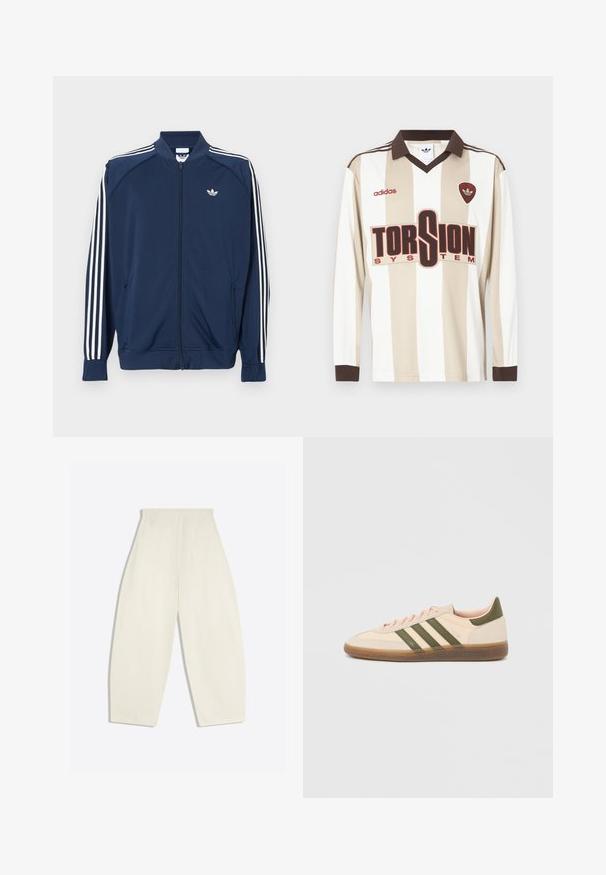 Veste de survêtement zippée bleu marine en polyester, avec des accents à trois bandes blanches sur les manches et un petit logo blanc sur la poitrine.; Maillot de football à manches longues rayé beige et blanc ; doté d'un col et de poignets marron, d'un grand logo rouge "TORSION SYSTEM" et de la marque adidas.; Pantalon crème taille haute à jambes larges, avec poches arrière et passants de ceinture, présenté à plat sur un fond clair.; Baskets beige discrètes Adidas Spezial avec des bandes vertes, une semelle en caoutchouc et le logo "SPEZIAL" sur le côté, vues de l'extérieur.