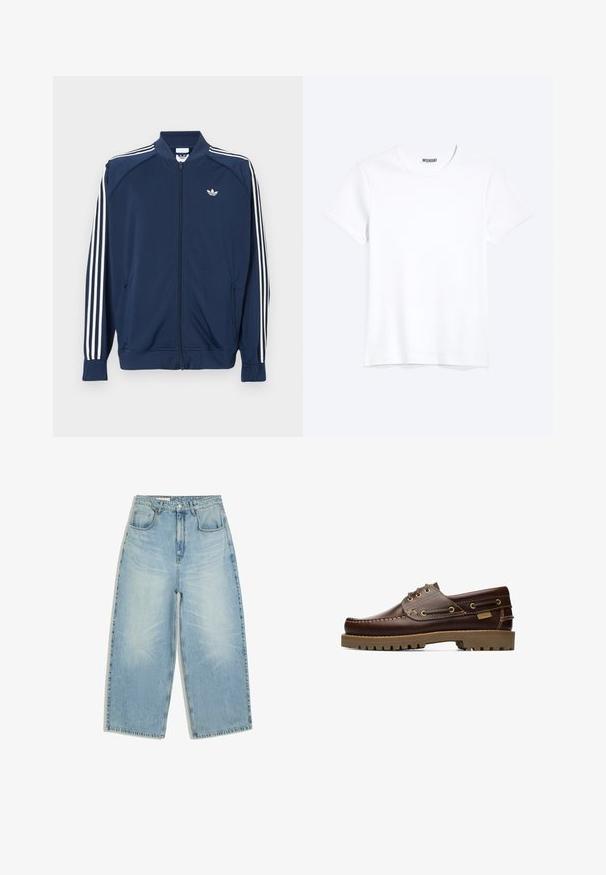 Donkerblauw trainingsjack met ritssluiting van polyester, met witte drie-strepen accenten op de mouwen en een klein wit logo op de borst.; Effen witte T-shirt met korte mouwen en ronde hals met een zichtbaar WEEKDAY-merklabel bij de nek, weergegeven op een lichte achtergrond.; Lichtblauwe denim jeans met hoge taille, wijde pijpen, voorzakken, riemlussen en een knoop-ritssluiting.; Bruine leren veterschoen voor op een boot met gestikte details en een dikke rubberen zool, gezien vanaf de zijkant.