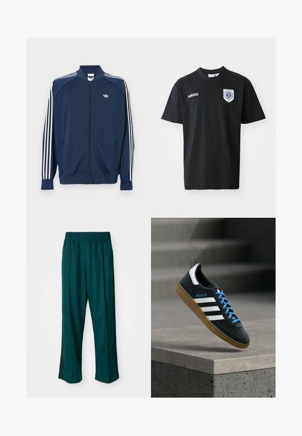 Chaqueta deportiva azul marino con cremallera, fabricada en poliéster, que presenta detalles de tres rayas blancas en las mangas y un pequeño logo blanco en el pecho.; Camiseta de manga corta negra de algodón, con cuello redondo. Incluye el logo blanco de Adidas y un parche con un emblema azul en el lado izquierdo del pecho.; Pantalones deportivos de color verde oscuro con cintura elástica, diseño de pierna recta y franjas laterales negras. Fabricados en tejido suave y elástico.; Zapatilla negra Adidas con franjas blancas, cordones azules y suela de goma flotando sobre un escalón de hormigón gris con luz suave.