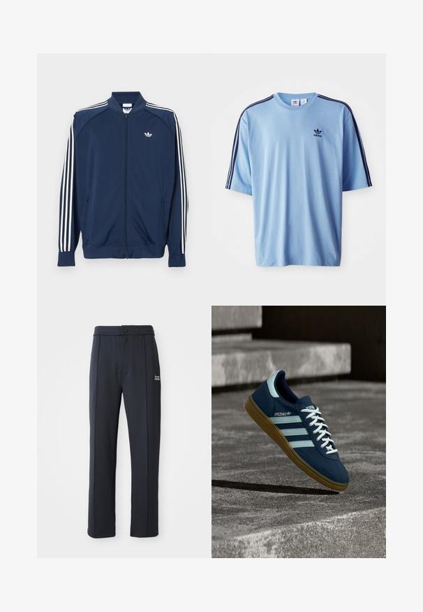 Marineblaue Trainingsjacke aus Polyester mit Reißverschluss, mit weißen Drei-Streifen-Akzenten an den Ärmeln und einem kleinen weißen Logo auf der Brust.; Helles blaues Adidas-T-Shirt aus Baumwolle mit Rundhalsausschnitt, kurzen Ärmeln und drei schwarzen Streifen an den Schultern.; Schwarze gerade geschnittene Hose mit elastischem Bund, Knopfverschluss, Nahtdetails und kleinem weißen Logo "the new originals" am linken Oberschenkel.; Blauer Adidas Spezial Sneaker mit weißen Streifen und Schnürsenkeln, Gummisohle, schwebend über rauer Betonoberfläche und Treppen im Hintergrund.