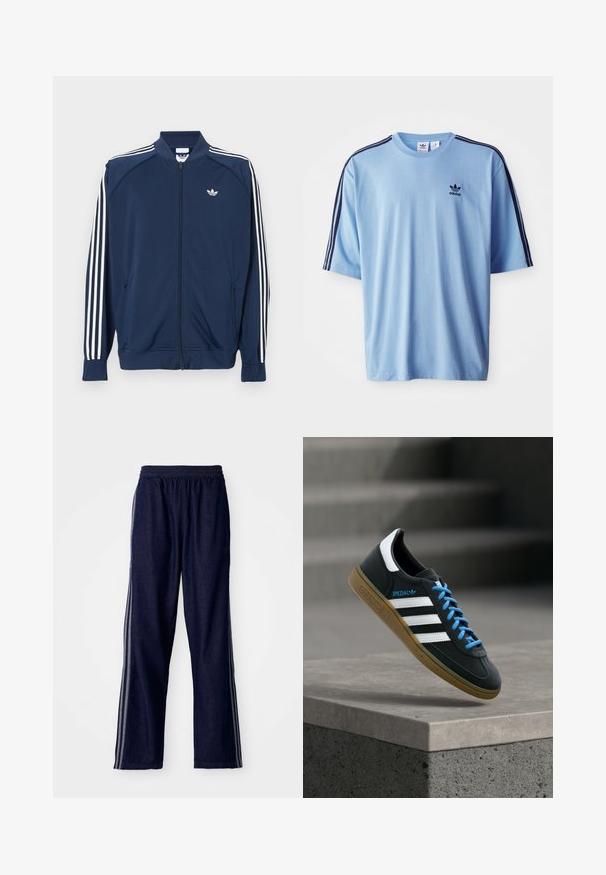 Námornícka modrá športová bunda na zips z polyesteru, s bielymi tromi pruhmi na rukávoch a malým bielym logom na hrudi.; Svetlo modré tričko Adidas vyrobené z bavlny, s okrúhlym výstrihom, krátkymi rukávmi a tromi čiernymi pruhmi pozdĺž ramien.; Námornícke modré športové nohavice s elastickým pásom, s tromi bielymi bočnými pruhmi a rovným strihom. Mäkká denimová textúra.; Čierna teniska Adidas s bielymi pruhmi, modrými šnúrkami a gumovou podrážkou, ktorá sa vznáša nad sivým betónovým schodom v mäkkom svetle.
