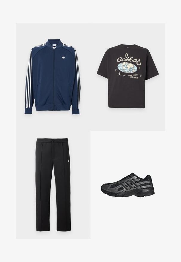 Námornícka modrá športová bunda na zips z polyesteru, s bielymi tromi pruhmi na rukávoch a malým bielym logom na hrudi.; Čierne tričko Adidas s grafikou zemegule v béžovej a modrej farbe, ručne písané logo Adidas, hviezdy a text "Tri pásiky. Jeden svet."; Čierne nohavice z hladkej látky, s gombíkovým zapínaním, bočnými vreckami a malým logom na prednej strane. Strih s rovnými nohavicami.; Čierne športové topánky vyrobené z pletiva a syntetických materiálov, s textúrovaným povrchom, viacerými šedými pruhmi a polstrovaným golierom.