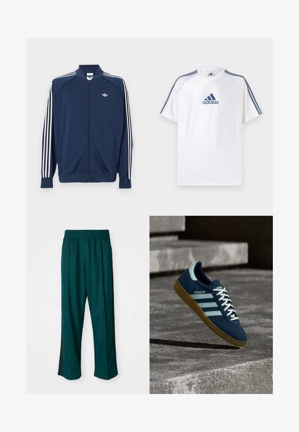 Marineblå lynlåstrøje i polyester med hvide tre-stribe accenter på ærmerne og et lille hvidt logo på brystet.; Hvid Adidas T-shirt med blå accenter, korte ærmer og rund hals. Har Adidas-logoet i blå på fronten og tre striber på skuldrene.; Mørkegrønne træningsbukser med elastisk talje, lige ben og sorte sidelister. Fremstillet af blødt, strækbart stof.; Blå Adidas Spezial sneaker med hvide striber og snørebånd, gummisål, svævende over en ru betongoverflade og trin i baggrunden.