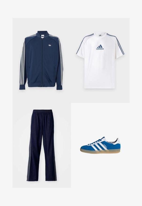 Marineblaue Trainingsjacke aus Polyester mit Reißverschluss, mit weißen Drei-Streifen-Akzenten an den Ärmeln und einem kleinen weißen Logo auf der Brust.; Weißes Adidas-T-Shirt mit blauen Akzenten, kurzen Ärmeln und einem Rundhalsausschnitt. Auf der Vorderseite befindet sich das Adidas-Logo in Blau sowie drei Streifen auf den Schultern.; Marineblaue Sporthosen mit einem elastischen Bund, ausgestattet mit drei weißen seitlichen Streifen und einem geraden Bein. Weicher Denim-Look.; Blauer und weißer Adidas Gazelle Sneaker mit Gummisohle und drei weißen Streifen, aus der Seitenansicht auf weißem Hintergrund.