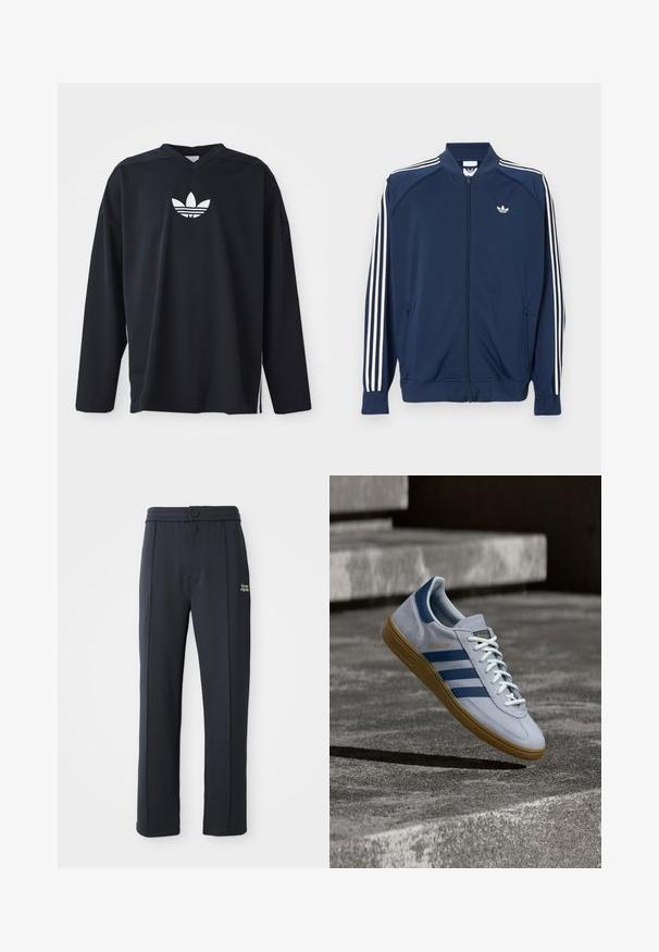 Marineblaue Trainingsjacke aus Polyester mit Reißverschluss, mit weißen Drei-Streifen-Akzenten an den Ärmeln und einem kleinen weißen Logo auf der Brust.; Schwarzes Langarmtrikot aus Mesh-Material, mit V-Ausschnitt und weißem Adidas-Trefoil-Logo auf der Brust. Seitliche Schlitze am Saum.; Schwarze gerade geschnittene Hose mit elastischem Bund, Knopfverschluss, Nahtdetails und kleinem weißen Logo "the new originals" am linken Oberschenkel.; Hellblauer Adidas Spezial Sneaker mit dunkelblauen Streifen und Gummisohle, in der Luft über Betontreppen in neutralem Außenbereich gezeigt.