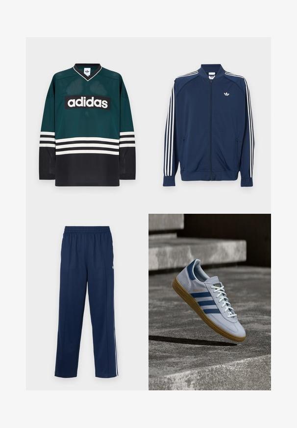 Marineblå lynlåstrøje i polyester med hvide tre-stribe accenter på ærmerne og et lille hvidt logo på brystet.; Grøn og sort Adidas-trøje med V-udskæring, lange ærmer, meshtekstur og en markant hvid logo på brystet med stribede detaljer.; Marineblå træningsbukser med en tekstureret finish, elastisk taljebånd og hvide sidelommer. Har en lige pasform og ingen lommer.; Lyseblå Adidas Spezial sneakers med marineblå striber og gummisål, vist i luften over betontrapper i et neutralt udendørsmiljø.