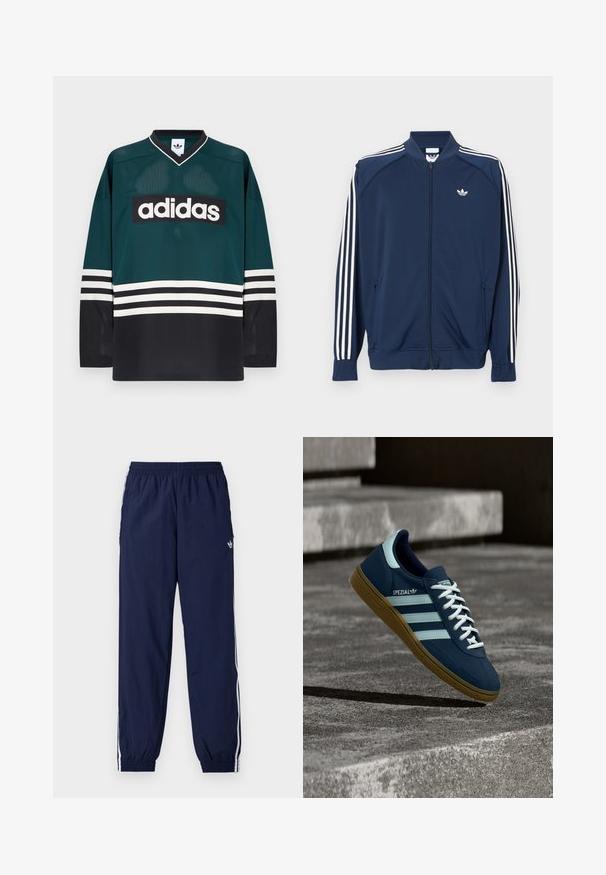 Donkerblauw trainingsjack met ritssluiting van polyester, met witte drie-strepen accenten op de mouwen en een klein wit logo op de borst.; Groen-zwart Adidas-shirt met een V-hals, lange mouwen, een mesh textuur en een opvallend wit logo over de borst met gestreepte accenten.; Marineblauwe trainingsbroek gemaakt van lichtgewicht stof, met witte strepen langs de zijkanten, een elastische tailleband en een klein logo.; Blauwe Adidas Spezial sneaker met witte strepen en veters, gumzool, zwevend boven een ruwe betonnen oppervlakte en trappen op de achtergrond.